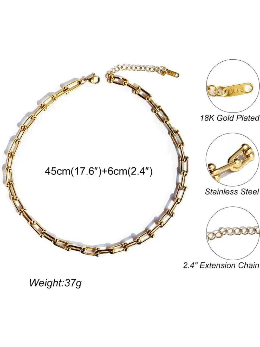 18K Gold Plated Paperclip Necklace for Women | Chunky Link Chain Choker Jewelry